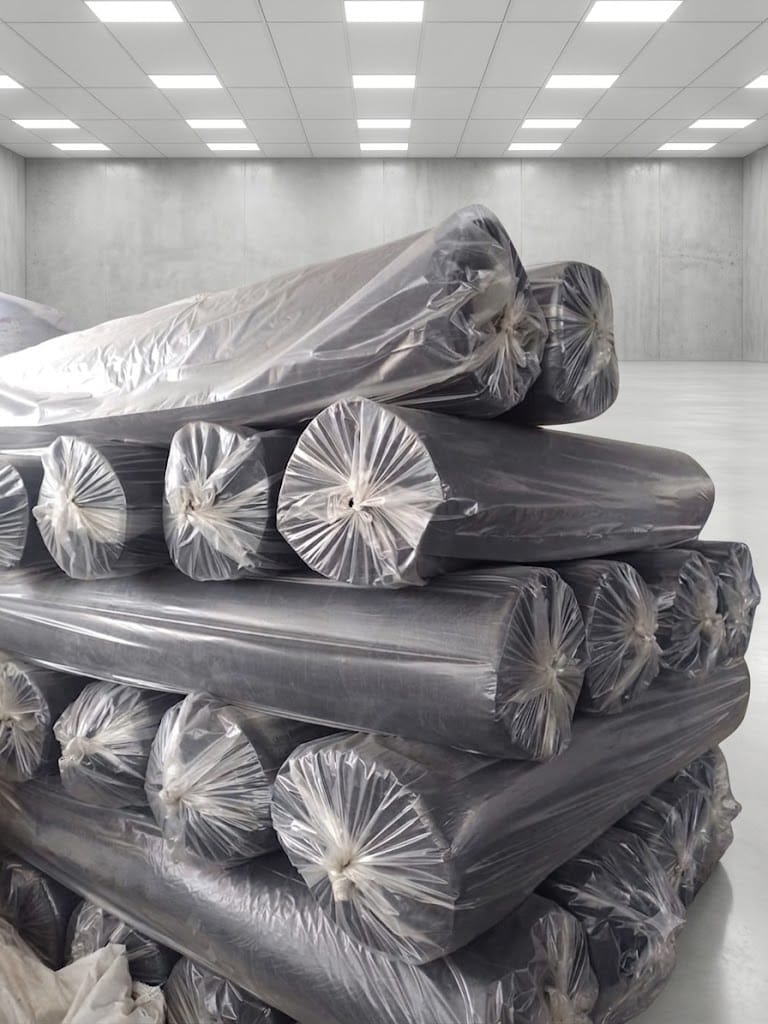 Rollos de material textil almacenados en las instalaciones de FILTERTEX